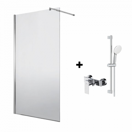 Paravane de dus walk-in - Set paravan dus walk-in 90x200 cm sticla securizata crom Deante cu bara, para dus si furtun, Grohe New Tempesta 110 si baterie dus Cersanit Suaro