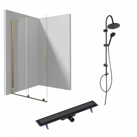 Seturi paravane de dus Walk-in si coloane - Set paravan dus walk-in cu usa glisanta, 100x195 cm, auriu lucios, Deante Prizma, rigola cu capac faiantabil reversibil plus coloana de dus neagra