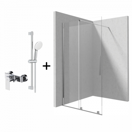 Paravane de dus walk-in - Set paravan dus walk-in cu usa glisanta, 100x195 cm, crom lucios, Deante Prizma cu baterie, para dus cu bara si furtun, Grohe New Tempesta 110