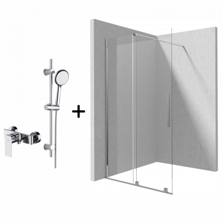 Paravane de dus walk-in - Set paravan dus walk-in cu usa glisanta, 100x195 cm, crom lucios, Deante Prizma si para cu bara, furtun si baterie, Cersanit Suaro
