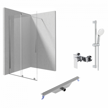 Paravane de dus walk-in - Set paravan dus walk-in cu usa glisanta, 100x195 cm, rigola 700 mm cu iesire laterala, baterie, bara, furtun si para dus