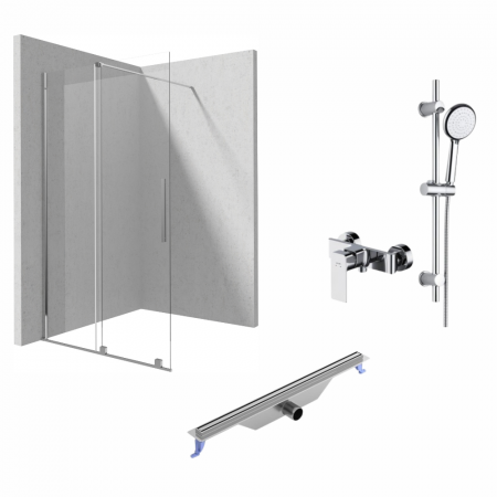 Paravane de dus walk-in - Set paravan dus walk-in cu usa glisanta, 100x195 cm, rigola 700 mm cu iesire laterala, baterie, bara, furtun si para dus cu 6 functii