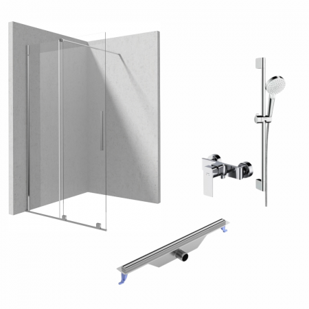 Paravane de dus walk-in - Set paravan dus walk-in cu usa glisanta, 100x195 cm, rigola 700 mm cu iesire laterala, para, para dus, furtun Hansgrohe si baterie dus