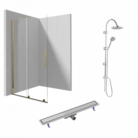 Paravane de dus walk-in - Set paravan dus walk-in cu usa glisanta, 90x195 cm, auriu lucios, Deante Prizma, rigola cu capac faiantabil reversibil din otel si coloana de dus crom
