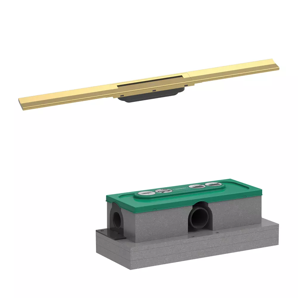 Rigole si canale de scurgere dus - Set rigola liniara de dus cu gratar din inox 800 mm, auriu lucios, corp de baza pentru instalare inclus, Hansgrohe RainDrain Flex