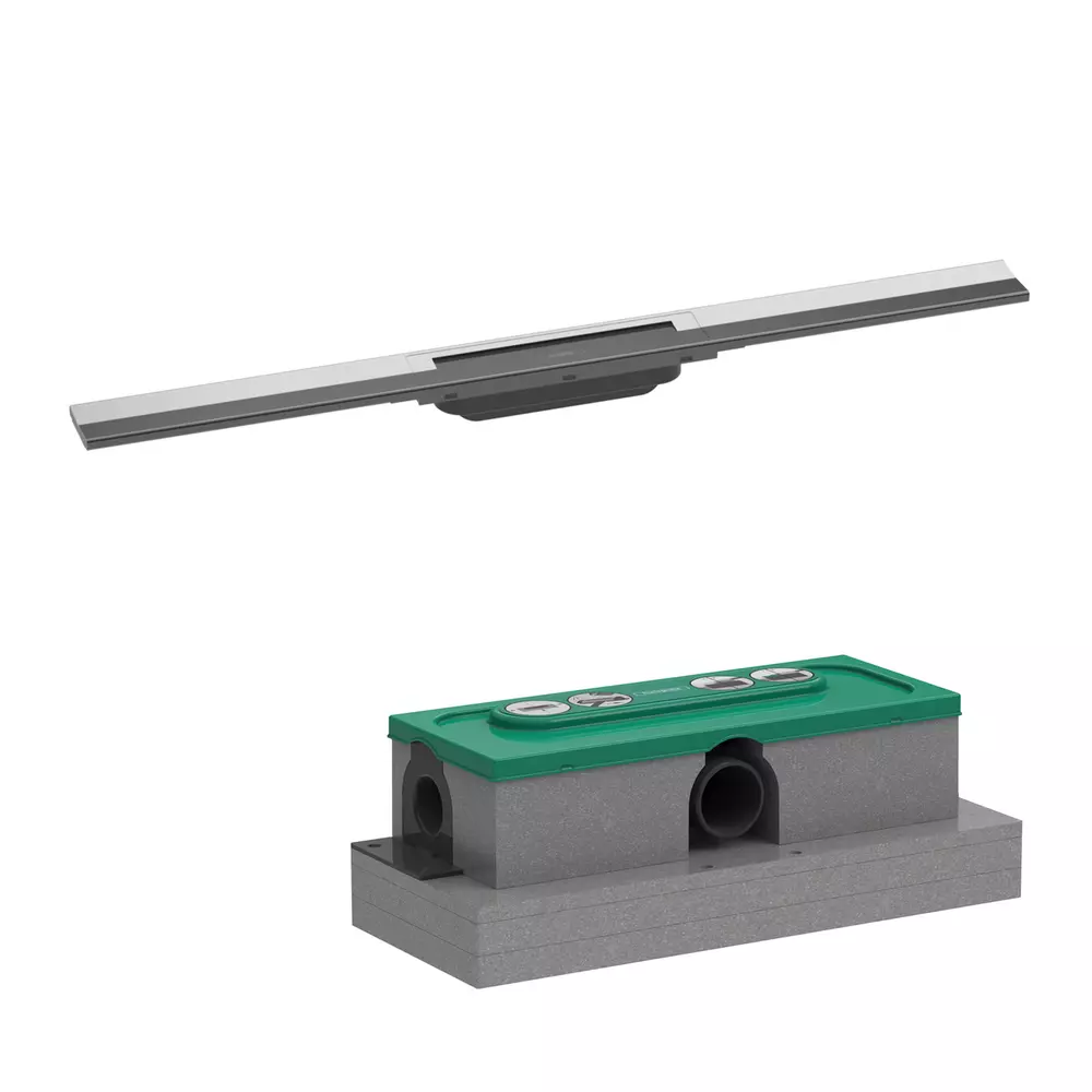 Baie - Set rigola liniara de dus cu gratar din inox 800 mm, inox periat, corp de baza pentru instalare inclus, Hansgrohe RainDrain Flex
