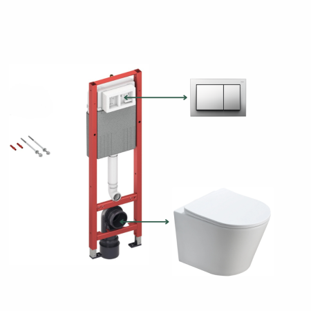 Seturi vas WC suspendat cu rezervor incastrat si clapeta - Set vas wc suspendat rimless cu capac quick release si soft close, alb, Fluminia Clementina si  rezervor incastrat cu clapeta crom TECEbase