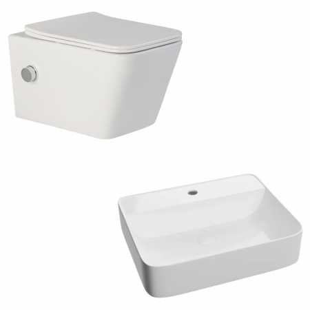 Seturi vase WC cu lavoar - Set vas rimless suspendat cu functie de bideu, baterie crom inclusa si capac soft close, Foglia Safari, plus lavoar dreptunghiular pe blat
