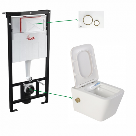 Vase WC - Set vas wc alb cu functie bideu si baterie auriu mat Foglia Safari, rezervor incastrat si clapeta alba cu detalii aurii, Alcadrain