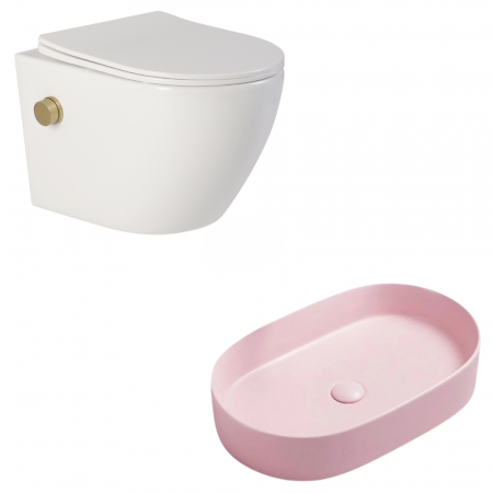 Seturi vase WC cu lavoar - Set vas wc alb rimless suspendat cu functie de bideu, baterie auriu mat si capac soft close, Foglia Oslo plus lavoar roz mat oval