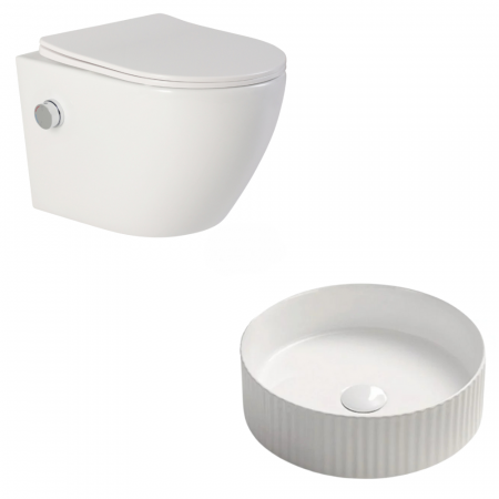 Seturi vase WC cu lavoar - Set vas wc alb suspendat rimless cu functie de bideu, baterie crom inclusa si capac soft close, Foglia Oslo, plus lavoar rotund cu riflaje 3D