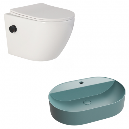 Seturi vase WC cu lavoar - Set vas wc alb suspendat rimless cu functie de bideu, baterie negru mat si capac soft close, Foglia Oslo, plus lavoar verde turcoaz mat dreptunghiular