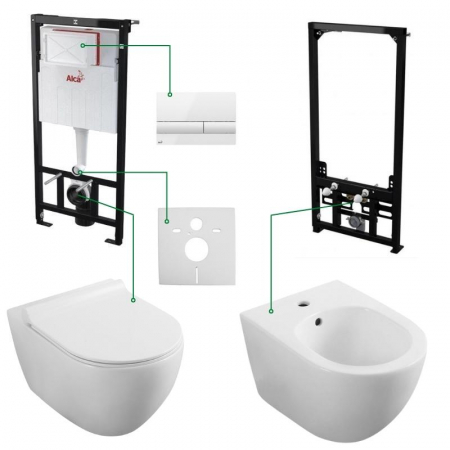 Baie - Set vas wc cu capac soft close si cu bideu, rezervor incastrat plus clapeta alba si izolare fonica, Minerva