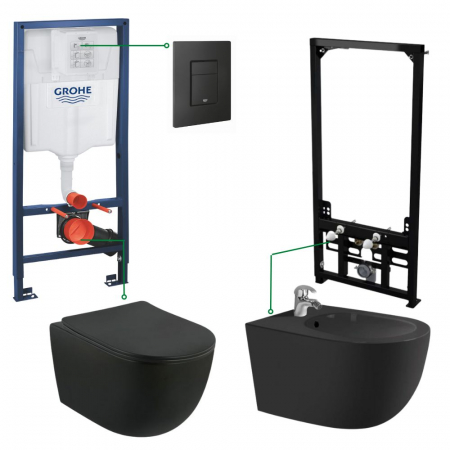 Baie - Set vas wc cu bideu negru suspendat Minerva, rezervor incastrat plus clapeta