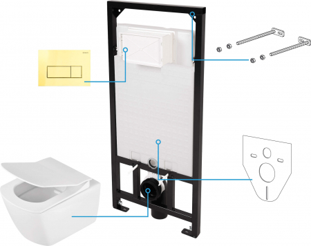 Vase WC - Set vas wc cu capac soft close, rezervor incastrat, clapeta de actionare aurie si izolare fonica Deante Anemon