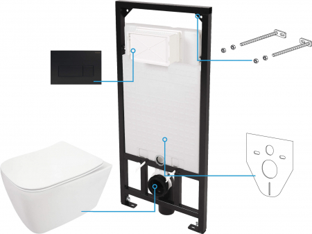 Vase WC - Set vas wc cu capac soft close, rezervor incastrat, clapeta de actionare neagra si izolare fonica Deante Hiacynt