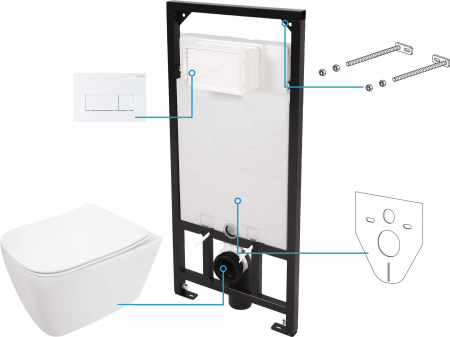 Vase WC - Set vas wc cu capac soft close, rezervor incastrat, clapeta de actionare alba si izolare fonica Deante Hiacynt