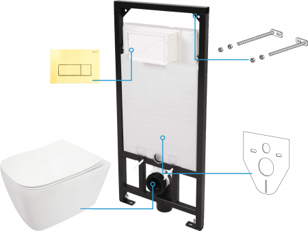 Vase WC - Set vas wc cu capac soft close, rezervor incastrat, clapeta de actionare aurie si izolare fonica Deante Hiacynt