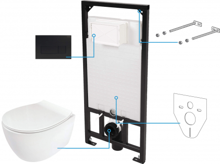 Vase WC - Set vas wc cu capac soft close, rezervor incastrat, clapeta de actionare neagra si izolare fonica Deante Silia