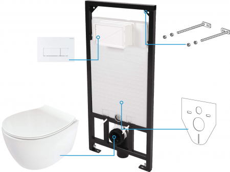 Vase WC - Set vas wc cu capac soft close, rezervor incastrat, clapeta de actionare alba si izolare fonica Deante Silia