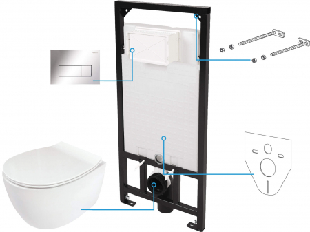 Vase WC - Set vas wc cu capac soft close, rezervor incastrat, clapeta de actionare crom si izolare fonica Deante Silia