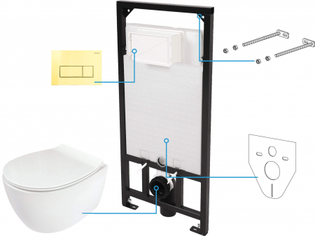 Vase WC - Set vas wc cu capac soft close, rezervor incastrat, clapeta de actionare aurie si izolare fonica Deante Silia