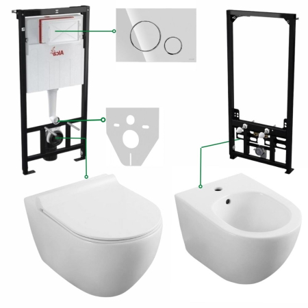 Vase WC - Set vas wc cu capac soft close si cu bideu, rezervor incastrat plus clapeta crom si izolare fonica, Minerva