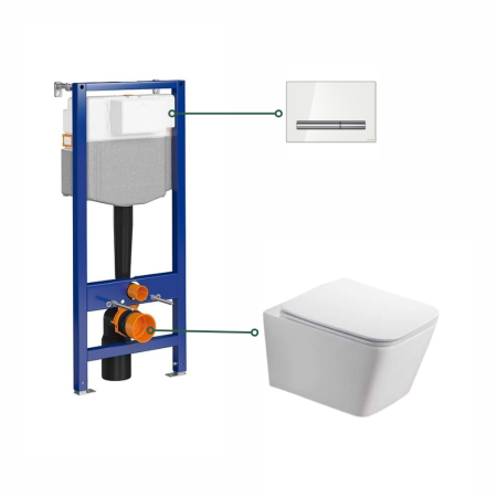 Obiecte sanitare - Set vas wc dreptunghiular cu capac softclose inclus, alb lucios, Foglia Safari, rezervor incastrat si clapeta de actionare, alba, Cersanit