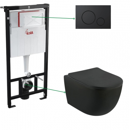 Seturi vas WC suspendat cu rezervor incastrat si clapeta - Set vas wc negru suspendat cu capac soft close Foglia, plus rezervor incastrat si clapeta de actionare neagra