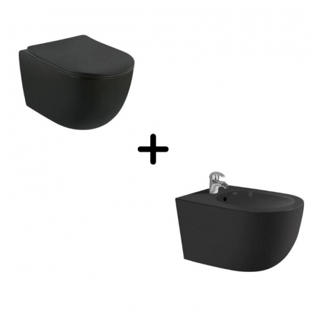 Seturi vase WC cu bideu - Set vas wc negru suspendat, rimless, cu capac soft close si bideu inclus, Minerva
