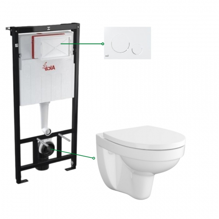 Seturi vas WC suspendat cu rezervor incastrat si clapeta - Set vas wc rimless alb cu capac soft close Cersanit, rezervor incastrat si clapeta alb lucios Alcaplast