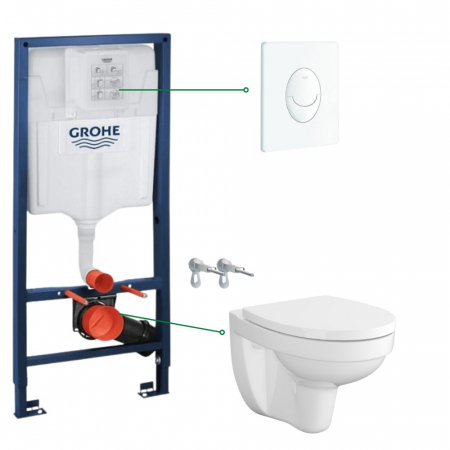 Seturi vas WC suspendat cu rezervor incastrat si clapeta - Set vas wc rimless alb cu capac soft close Cersanit SimpleOn, rezervor incastrat si clapeta alba Skate Air Grohe