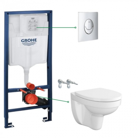 Seturi vas WC suspendat cu rezervor incastrat si clapeta - Set vas wc rimless alb cu capac soft close Cersanit SimpleOn, rezervor incastrat si clapeta crom Skate Air Grohe
