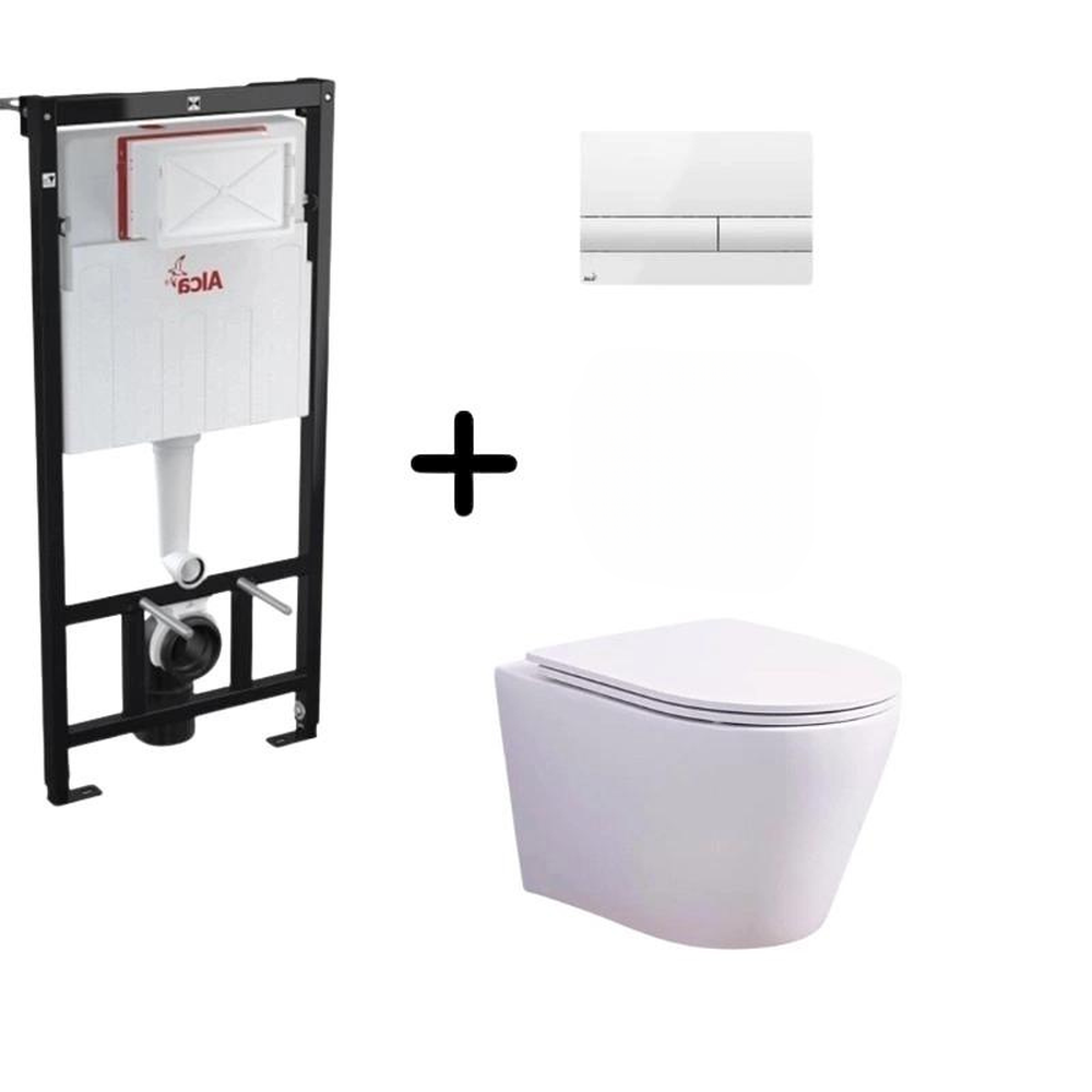 Seturi vas WC suspendat cu rezervor incastrat si clapeta - Set vas wc rimless alb cu capac soft close Oslo Foglia, rezervor incastrat si clapeta