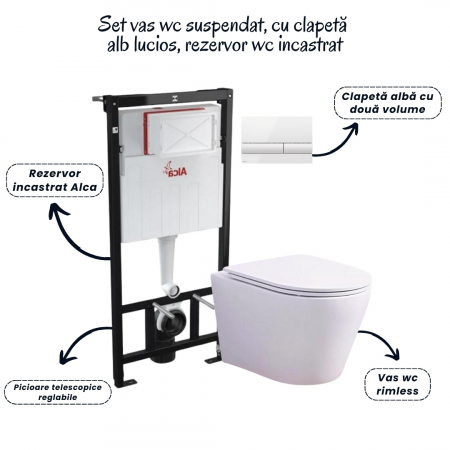 Set vas wc rimless alb cu capac soft close Oslo Foglia, rezervor incastrat si clapeta [1]