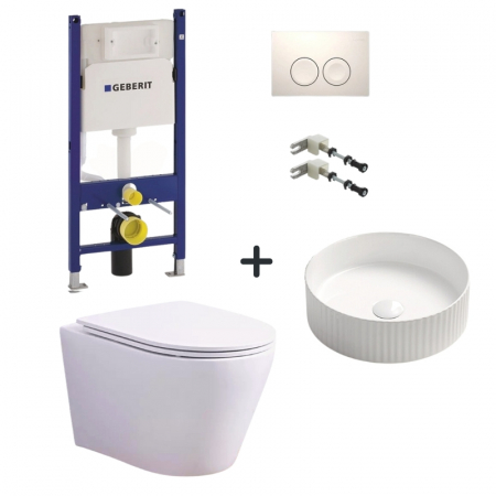 Seturi vas WC suspendat cu rezervor incastrat si clapeta - Set vas wc rimless alb cu capac soft close, lavoar rotund cu ventil, plus rezervor incastrat cu set fixare si clapeta alba
