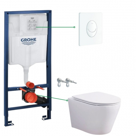 Seturi vas WC suspendat cu rezervor incastrat si clapeta - Set vas wc vortex alb cu capac soft close Oslo, rezervor incastrat si clapeta alba Skate Air Grohe