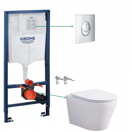 Seturi vas WC suspendat cu rezervor incastrat si clapeta - Set vas wc vortex alb cu capac soft close Oslo, rezervor incastrat si clapeta crom Skate Air Grohe