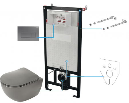 Baie - Set vas wc rimless antracit cu capac soft close, rezervor incastrat, clapeta de actionare titan si izolare fonica Deante Peonia