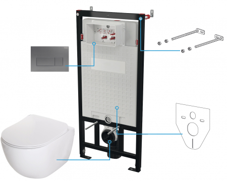 Baie - Set vas wc rimless alb cu capac soft close, rezervor incastrat, clapeta de actionare titan si izolare fonica Deante Peonia
