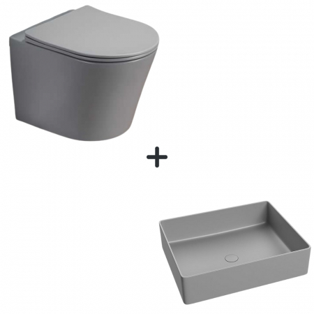 Baie completa - Set vas wc rimless cu capac soft close Alfonzo plus lavoar baie dreptunghiular gri mat