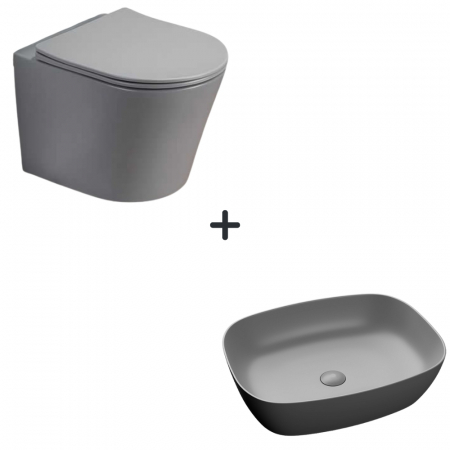 Baie completa - Set vas wc rimless cu capac soft close Alfonzo plus lavoar baie dreptunghiular margini rotunde gri mat