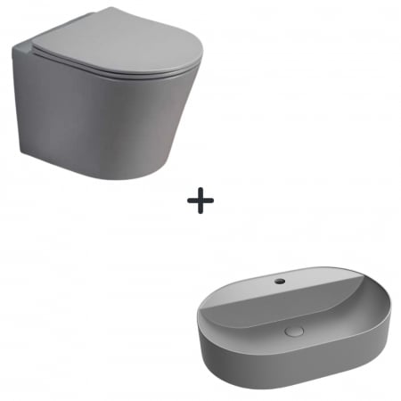 Seturi vase WC cu lavoar - Set vas wc rimless cu capac soft close Alfonzo plus lavoar baie oval cu orificiu baterie gri mat