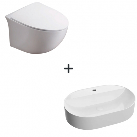 Perechea perfecta - Set vas wc rimless cu capac soft close Alice plus lavoar baie alb cu orificiu baterie