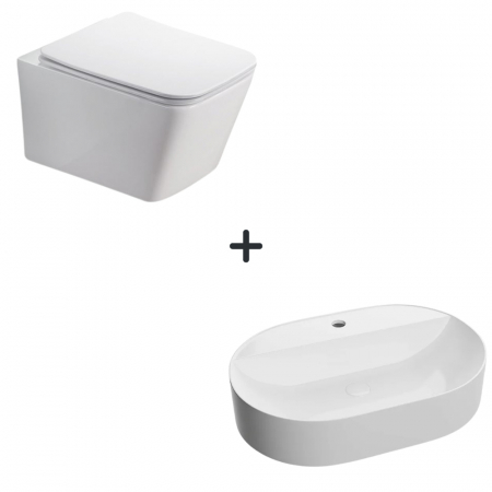 Baie completa - Set vas wc rimless cu capac soft close Paris plus lavoar baie alb cu orificiu baterie