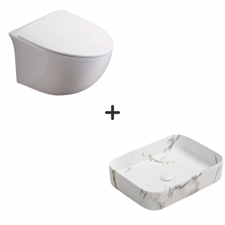 Perechea perfecta - Set vas wc rimless cu capac soft close Alice plus lavoar baie dreptunghiular cu efect marmura