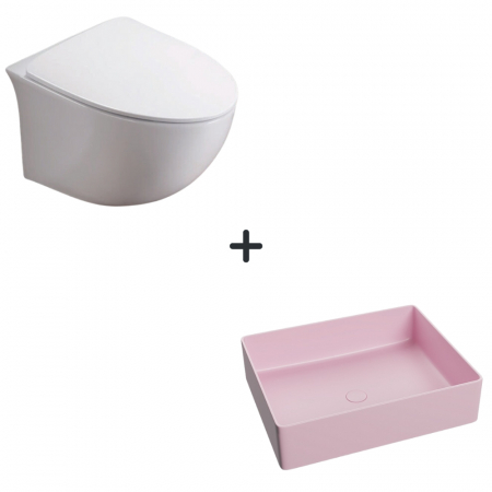 Perechea perfecta - Set vas wc rimless cu capac soft close Alice plus lavoar baie dreptunghiular roz mat