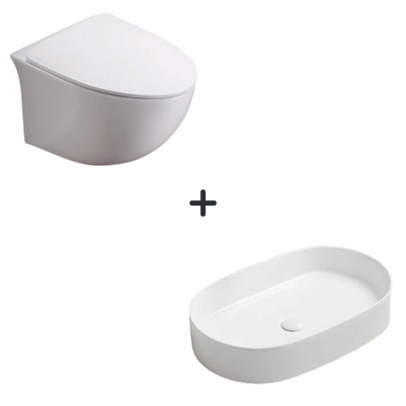 Baie completa - Set vas wc rimless cu capac soft close Alice plus lavoar baie oval alb lucios