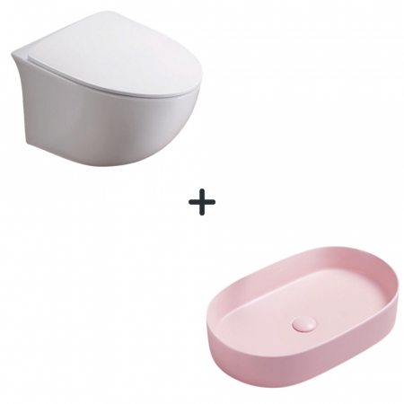 Perechea perfecta - Set vas wc rimless cu capac soft close Alice plus lavoar baie oval roz mat
