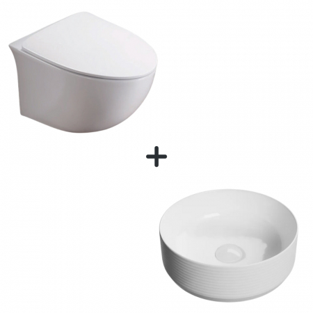 Perechea perfecta - Set vas wc rimless cu capac soft close Alice plus lavoar baie rotund alb